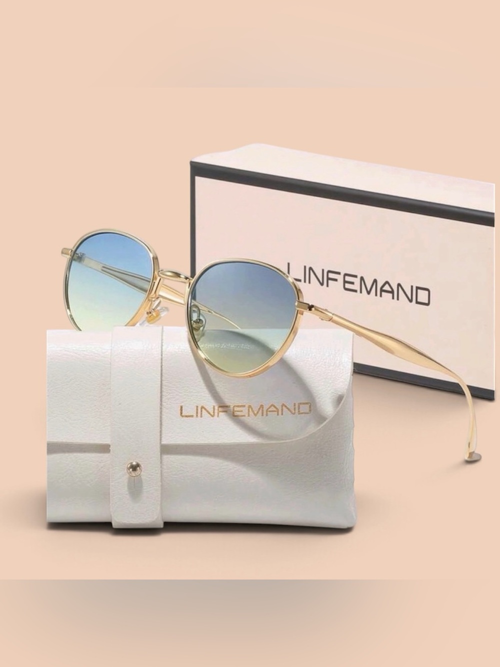 Gold Frame Sunglasses with Blue Gradient Lenses for Women